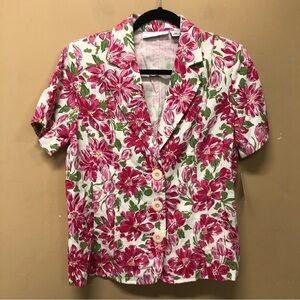 Sag Harbor Short Sleeve Pink Floral Button Front Shirt Linen Blend Size 10 NWT